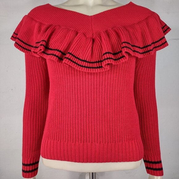 NWT Lovers + Friends red black acrylic blend ruffled V-Neck sweater ladies Small - Picture 1 of 7